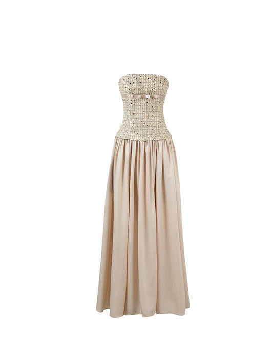 Dainty Waist Bow Strapless Beige Satin Maxi Dresses Elegant Crystal Accent Bodice Pleated Long Dress AP5756