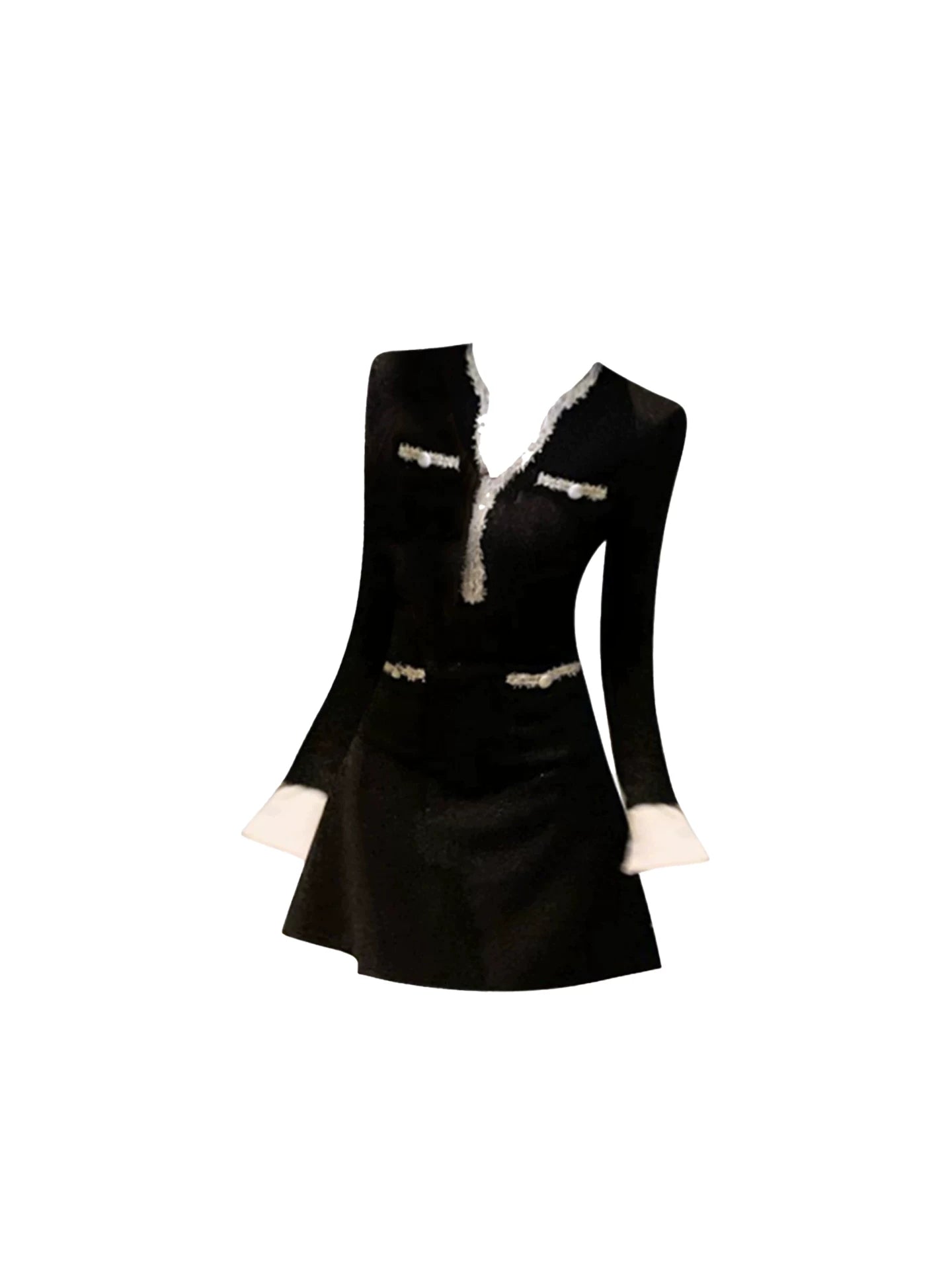 Romantic Black Tweed V-Neck White Fringe Trim A-Line Mini Skirt Charming Pearl Buttons Cuff Detail Short Dress AP5757