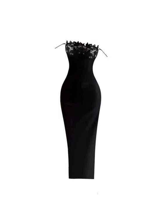 Ornate Off-Shoulder Fitted Pencil Sheath Maxi Dresses Fancy Black Strapless Lace Trim Long Dress AP5758