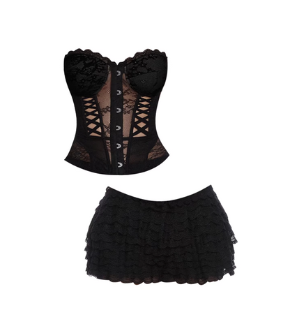 Chic Black Sheer Lace Corset Ruffled Mini Skirt Sexy Strapless Two-Piece Cutout Lace-Up Detail Fluffy Bodycon Short Dress AP5760