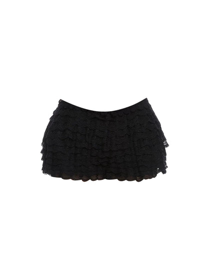 Chic Black Sheer Lace Corset Ruffled Mini Skirt Sexy Strapless Two-Piece Cutout Lace-Up Detail Fluffy Bodycon Short Dress AP5760
