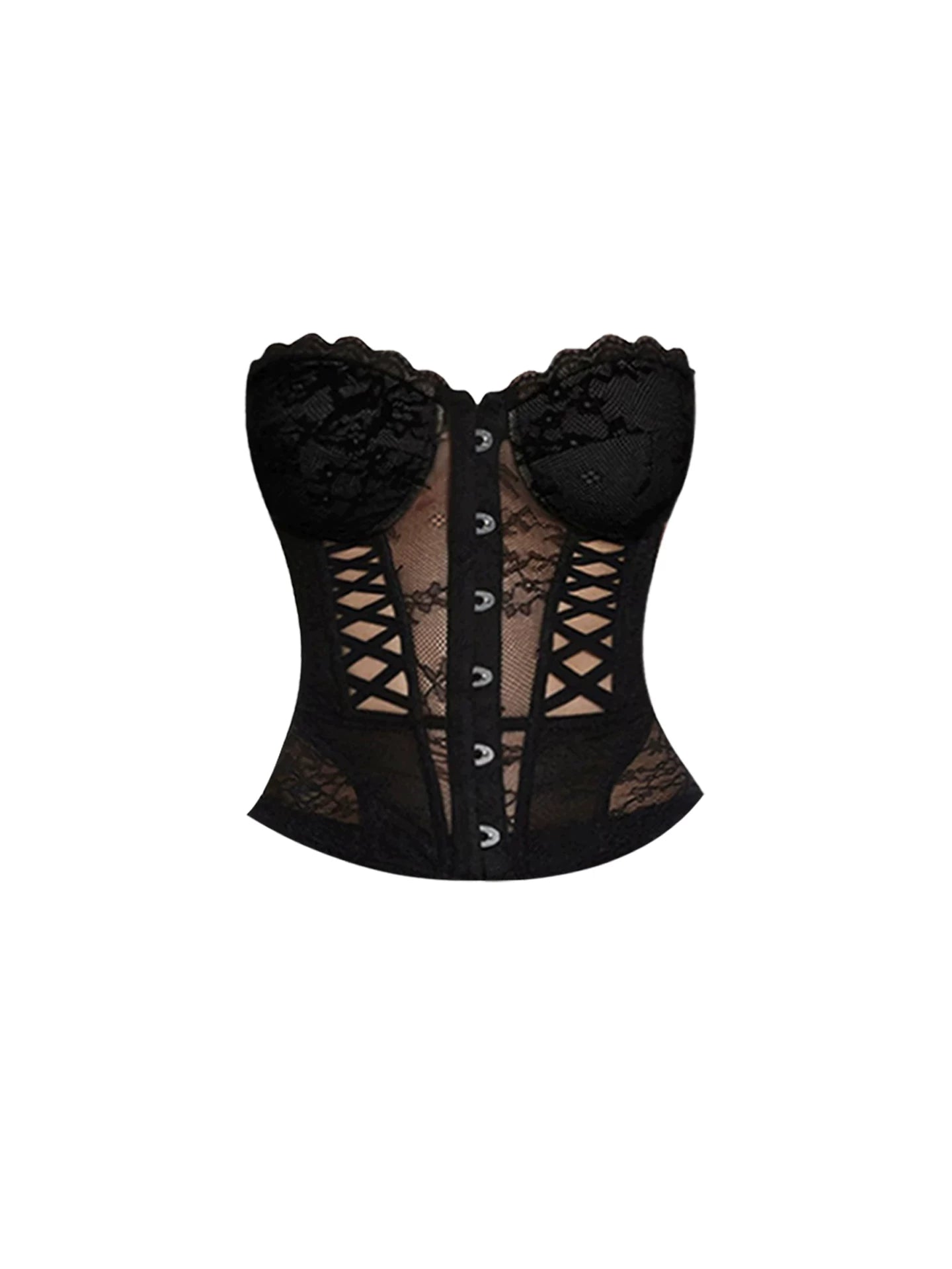 Chic Black Sheer Lace Corset Ruffled Mini Skirt Sexy Strapless Two-Piece Cutout Lace-Up Detail Fluffy Bodycon Short Dress AP5760