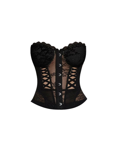 Chic Black Sheer Lace Corset Ruffled Mini Skirt Sexy Strapless Two-Piece Cutout Lace-Up Detail Fluffy Bodycon Short Dress AP5760