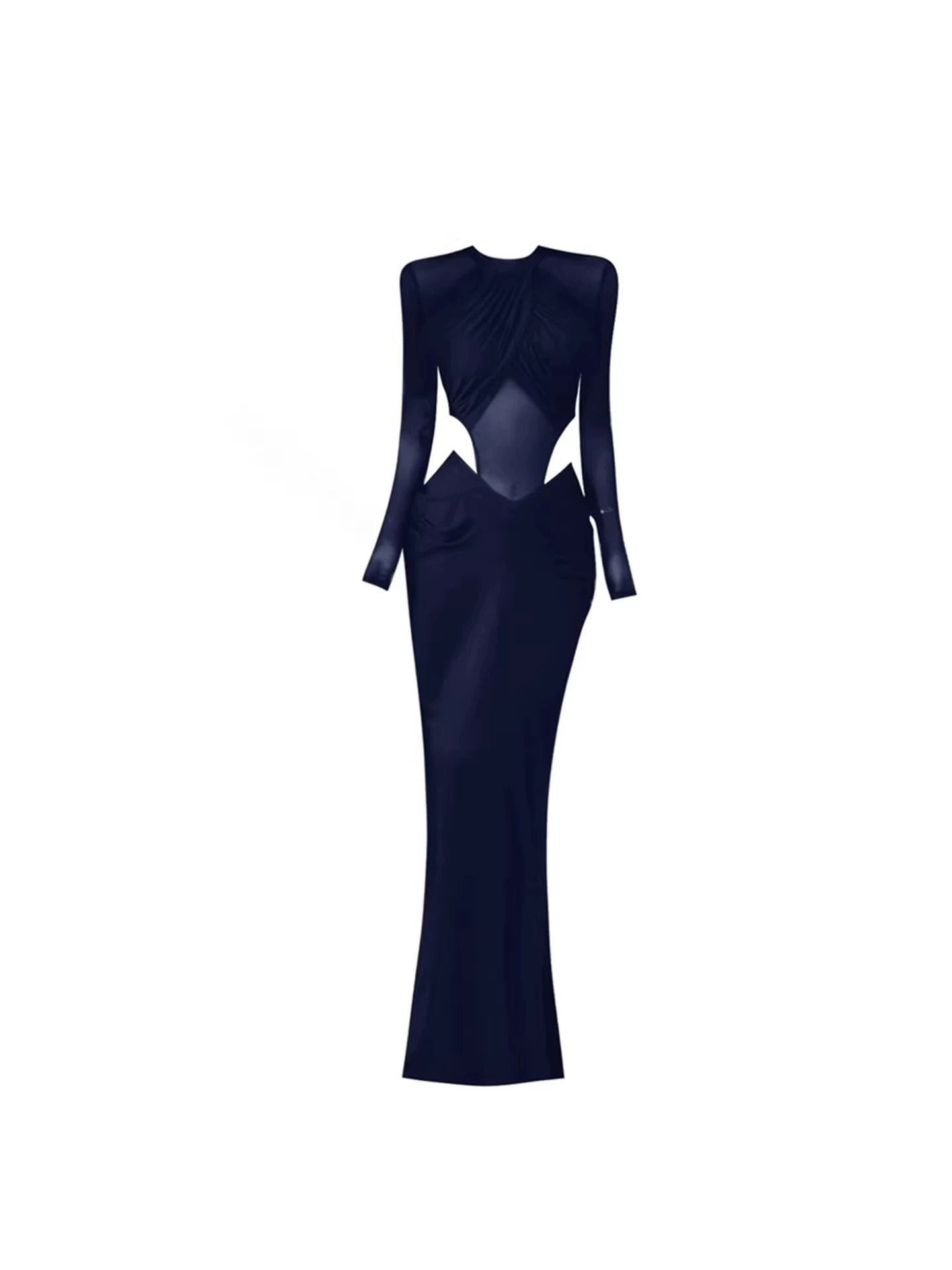 Luxurious Mock Neck Chest Ruched Maxi Dress Alluring Navy Blue Long-Sleeve Waist Cutouts Fitted Mermaid Long Dress AP5761