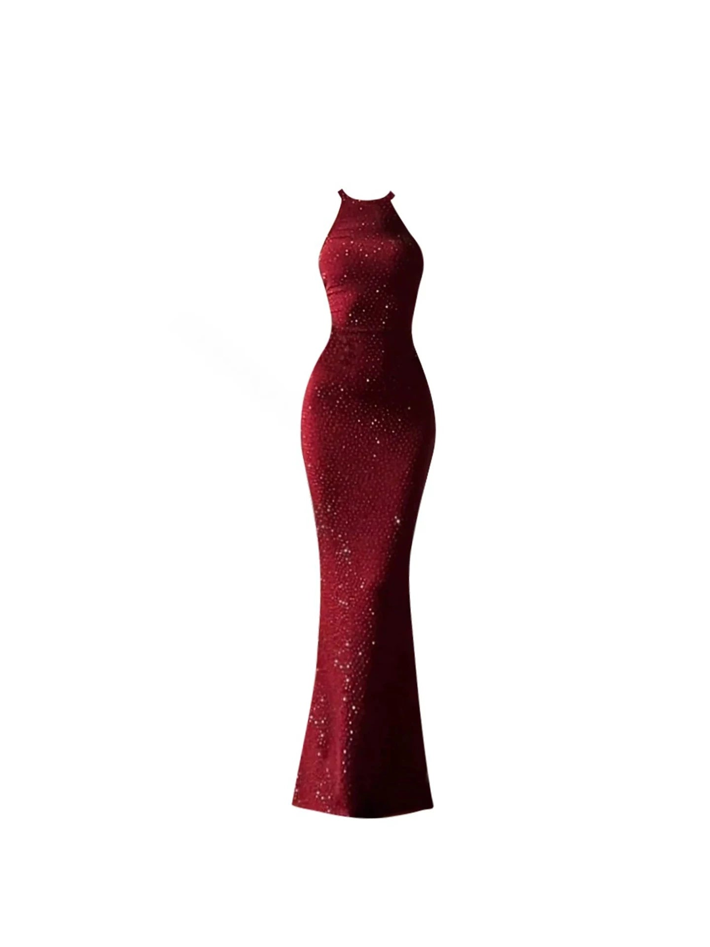 Luxury Burgundy Halter Neck Sequin Maxi Dress Sexy All-Over Sparkle Fitted Mermaid Long Dress AP5762