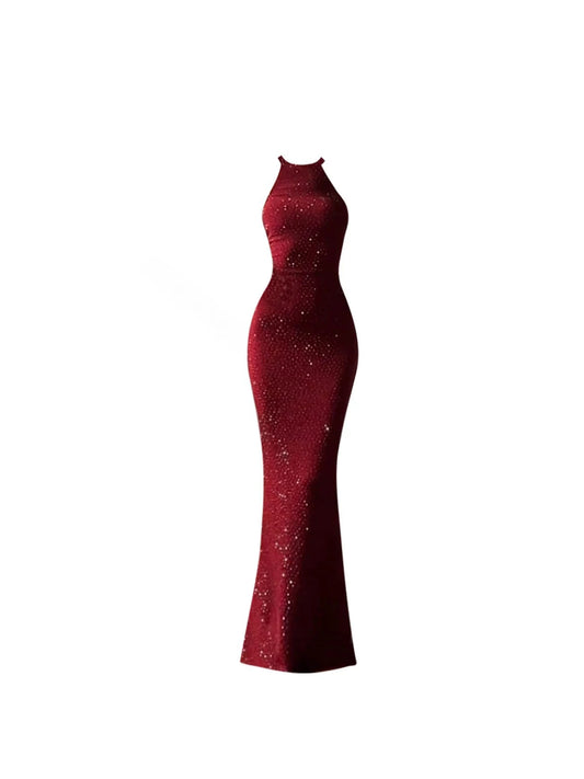 Luxury Burgundy Halter Neck Sequin Maxi Dress Sexy All-Over Sparkle Fitted Mermaid Long Dress AP5762