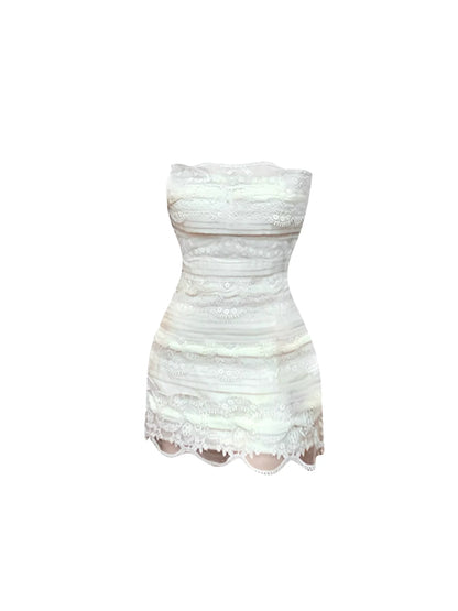 Elegant All-Over Patterned Strapless Bodycon Mini Skirt Simple Lace Fitted Scalloped Hem Short Dress AP5764