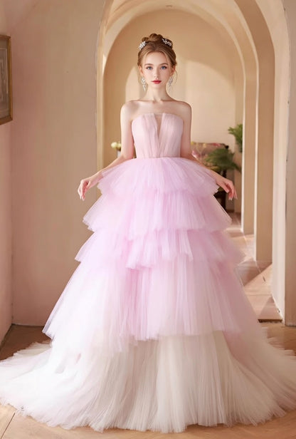 Classical Strapless A-Line Sweet 16th Gowns Ombre Pink Tulle Prom Dress AP5765