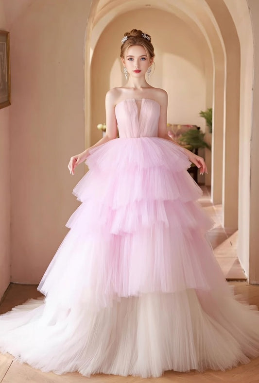 Classical Strapless A-Line Sweet 16th Gowns Ombre Pink Tulle Prom Dress AP5765
