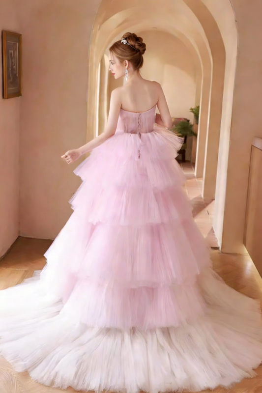 Classical Strapless A-Line Sweet 16th Gowns Ombre Pink Tulle Prom Dress AP5765