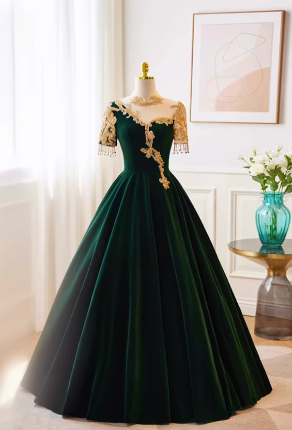 Fantastic High Collar A-Line Velvet Sweet 16th Gowns Short Sleeve Appliques Tassel Prom Dress AP5766