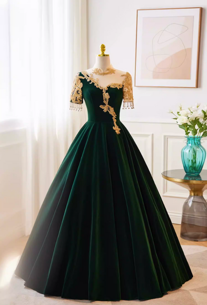 Fantastic High Collar A-Line Velvet Sweet 16th Gowns Short Sleeve Appliques Tassel Prom Dress AP5766
