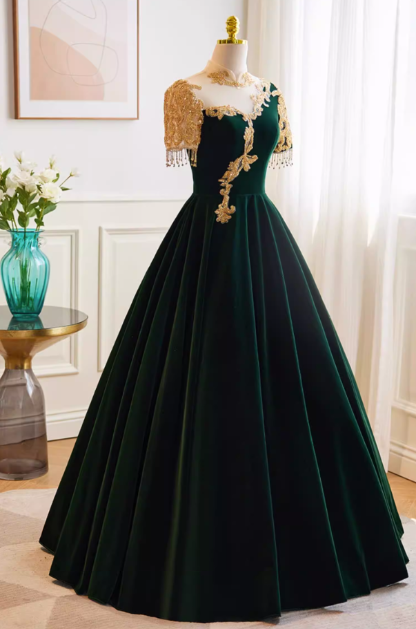 Fantastic High Collar A-Line Velvet Sweet 16th Gowns Short Sleeve Appliques Tassel Prom Dress AP5766