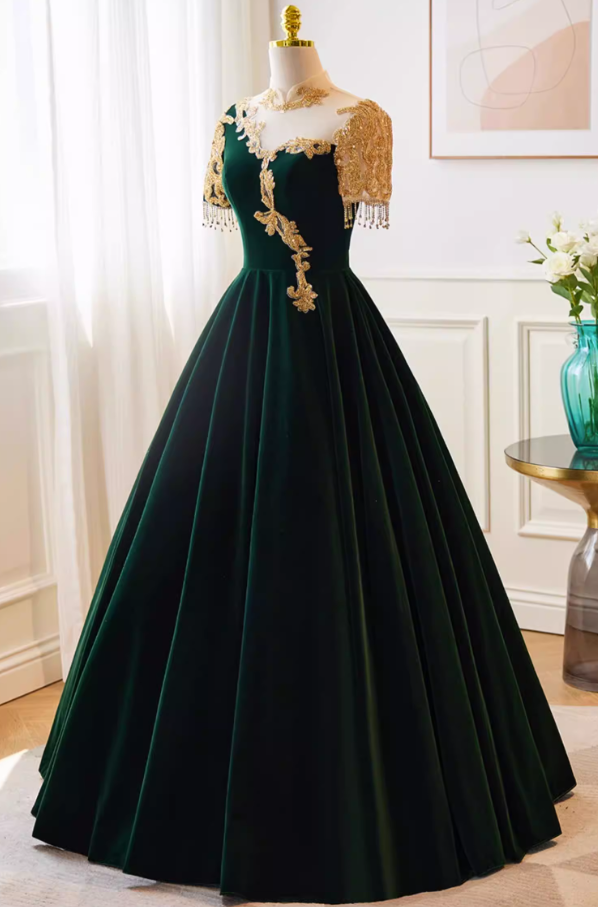 Fantastic High Collar A-Line Velvet Sweet 16th Gowns Short Sleeve Appliques Tassel Prom Dress AP5766