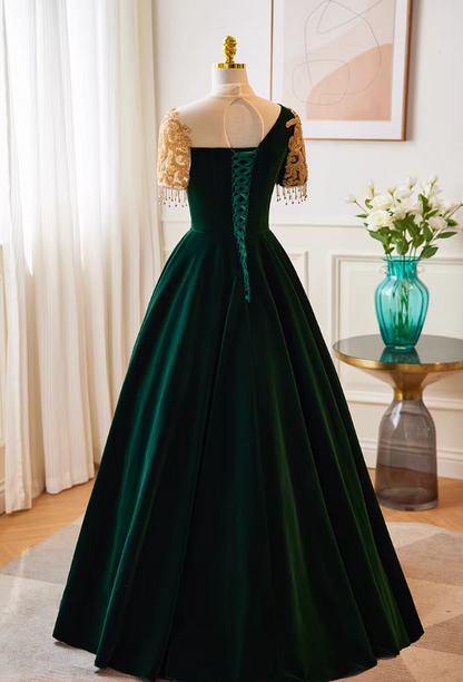 Fantastic High Collar A-Line Velvet Sweet 16th Gowns Short Sleeve Appliques Tassel Prom Dress AP5766