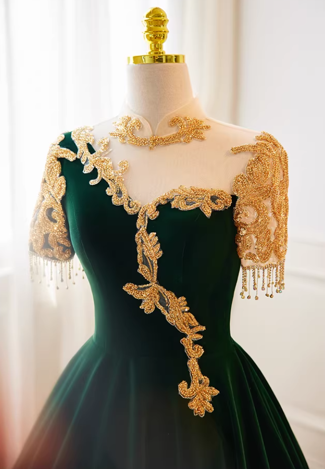 Fantastic High Collar A-Line Velvet Sweet 16th Gowns Short Sleeve Appliques Tassel Prom Dress AP5766