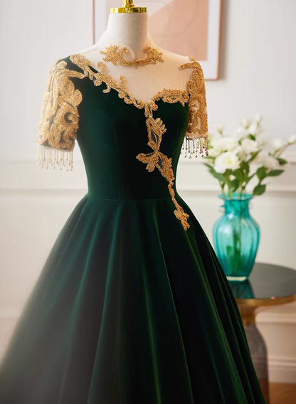 Fantastic High Collar A-Line Velvet Sweet 16th Gowns Short Sleeve Appliques Tassel Prom Dress AP5766