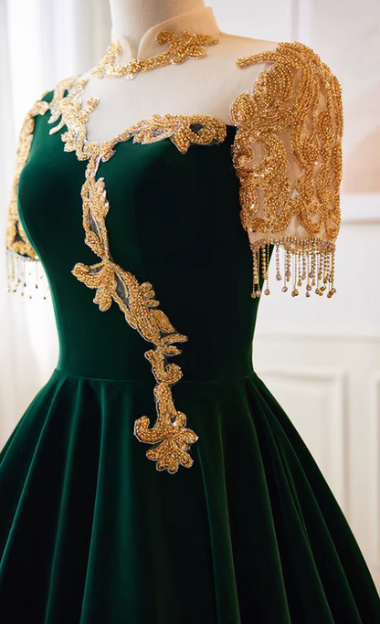 Fantastic High Collar A-Line Velvet Sweet 16th Gowns Short Sleeve Appliques Tassel Prom Dress AP5766