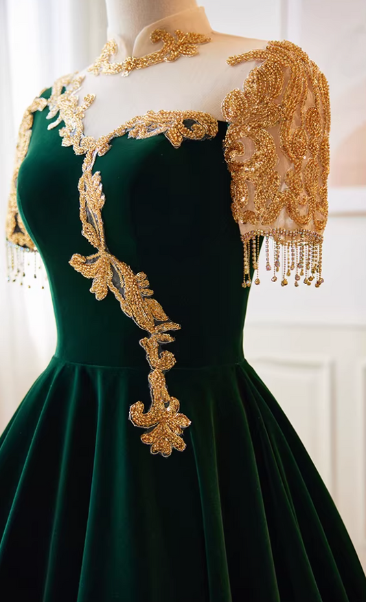 Fantastic High Collar A-Line Velvet Sweet 16th Gowns Short Sleeve Appliques Tassel Prom Dress AP5766