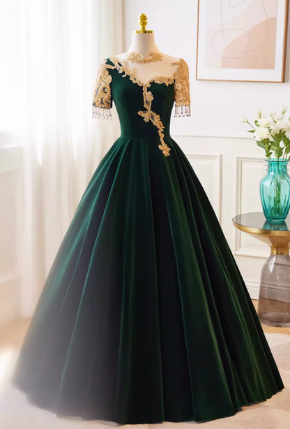 Fantastic High Collar A-Line Velvet Sweet 16th Gowns Short Sleeve Appliques Tassel Prom Dress AP5766