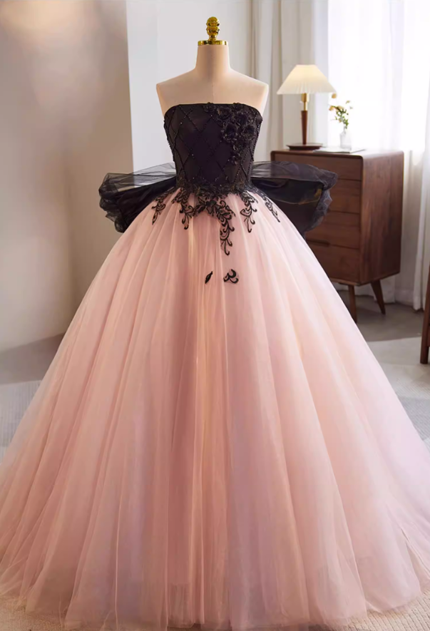 Sweet Strapless A-Line Sweet 16th Gowns Layered Tulle Appliques Beads Bow Prom Dress AP5767