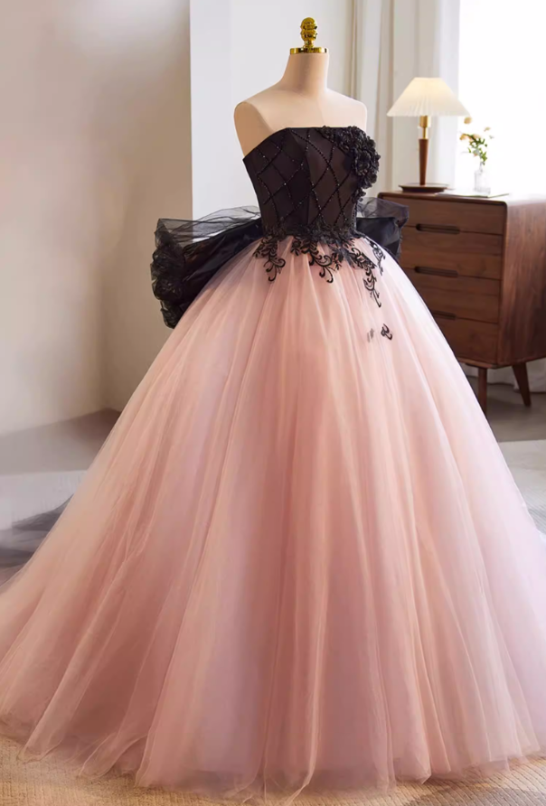 Sweet Strapless A-Line Sweet 16th Gowns Layered Tulle Appliques Beads Bow Prom Dress AP5767