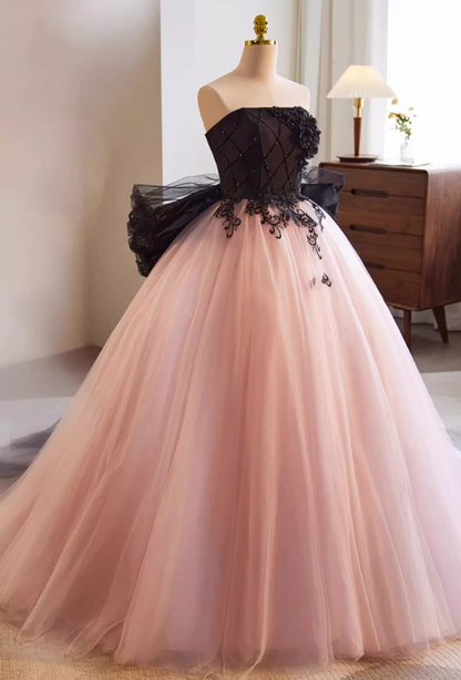 Sweet Strapless A-Line Sweet 16th Gowns Layered Tulle Appliques Beads Bow Prom Dress AP5767