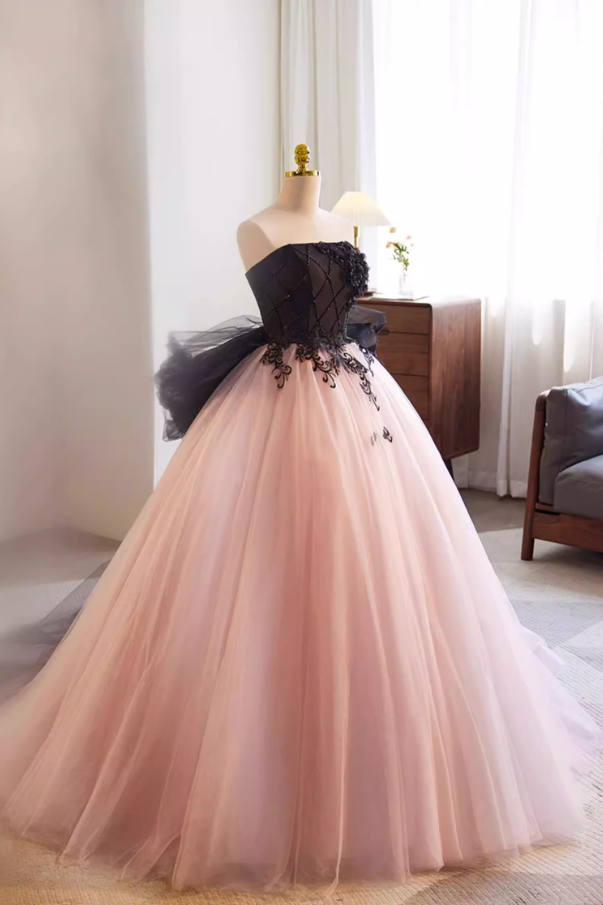 Sweet Strapless A-Line Sweet 16th Gowns Layered Tulle Appliques Beads Bow Prom Dress AP5767