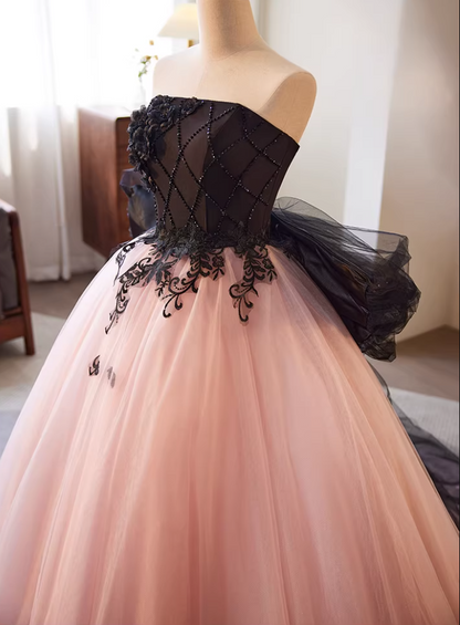 Sweet Strapless A-Line Sweet 16th Gowns Layered Tulle Appliques Beads Bow Prom Dress AP5767