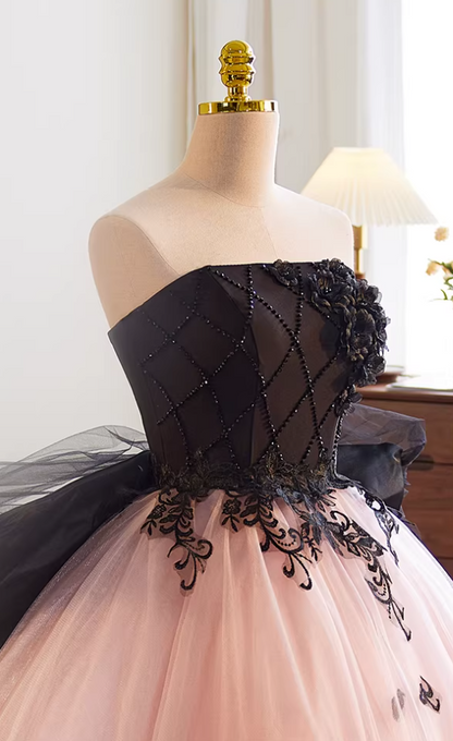 Sweet Strapless A-Line Sweet 16th Gowns Layered Tulle Appliques Beads Bow Prom Dress AP5767