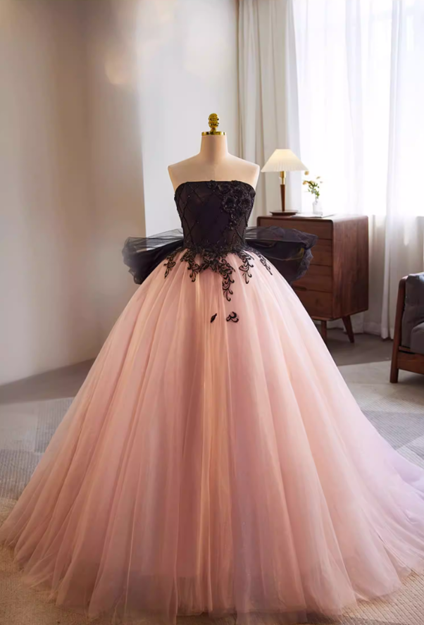 Sweet Strapless A-Line Sweet 16th Gowns Layered Tulle Appliques Beads Bow Prom Dress AP5767