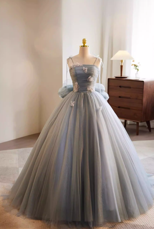 Cute A-Line Spaghetti Strap Evening Gowns Appliques Bow Layered Tulle Prom Dress AP5768
