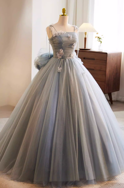 Cute A-Line Spaghetti Strap Evening Gowns Appliques Bow Layered Tulle Prom Dress AP5768