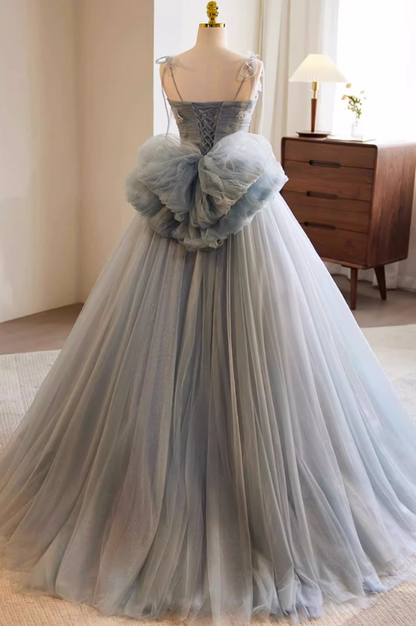 Cute A-Line Spaghetti Strap Evening Gowns Appliques Bow Layered Tulle Prom Dress AP5768