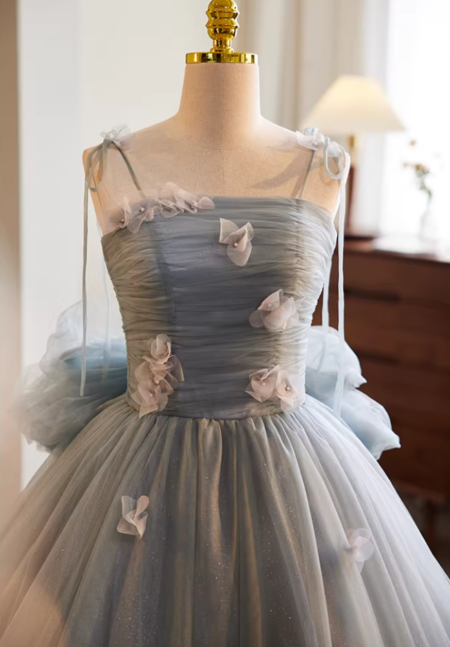 Cute A-Line Spaghetti Strap Evening Gowns Appliques Bow Layered Tulle Prom Dress AP5768