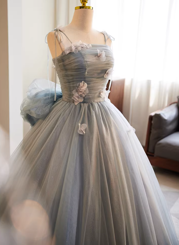 Cute A-Line Spaghetti Strap Evening Gowns Appliques Bow Layered Tulle Prom Dress AP5768