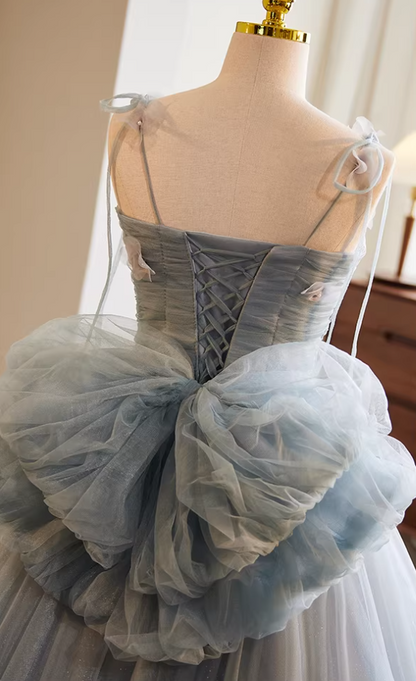 Cute A-Line Spaghetti Strap Evening Gowns Appliques Bow Layered Tulle Prom Dress AP5768