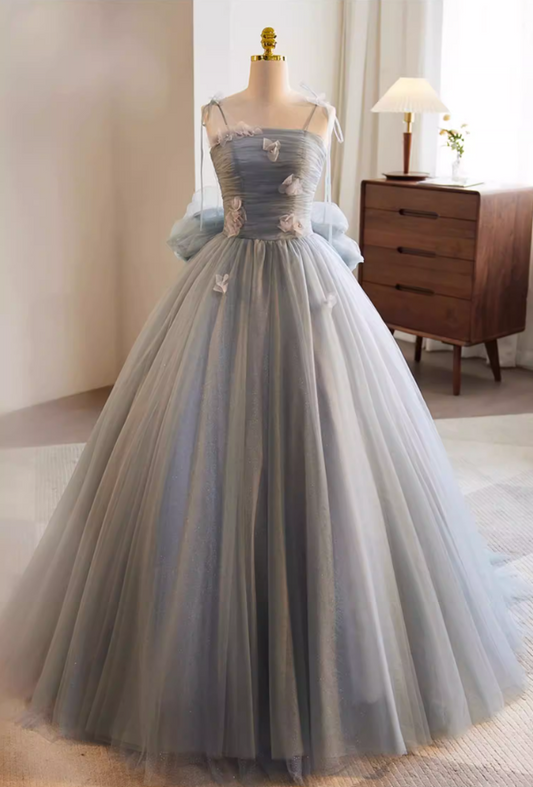 Cute A-Line Spaghetti Strap Evening Gowns Appliques Bow Layered Tulle Prom Dress AP5768