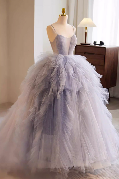 Voluminous A-Line Spaghetti Strap Evening Gowns Ruffled Tulle Prom Dress AP5769