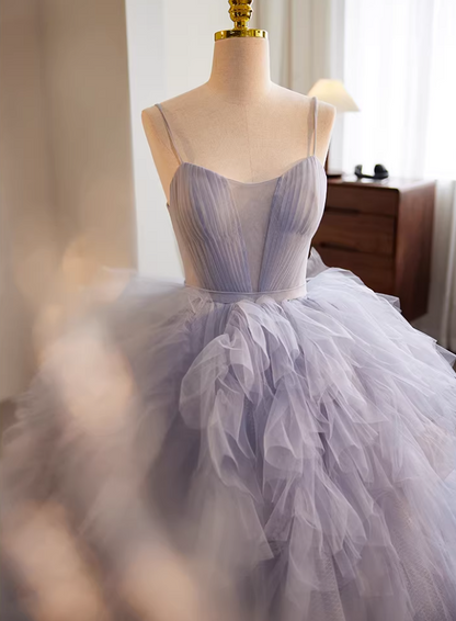 Voluminous A-Line Spaghetti Strap Evening Gowns Ruffled Tulle Prom Dress AP5769