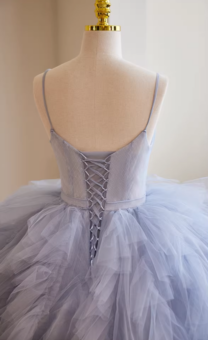 Voluminous A-Line Spaghetti Strap Evening Gowns Ruffled Tulle Prom Dress AP5769