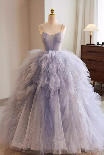 Voluminous A-Line Spaghetti Strap Evening Gowns Ruffled Tulle Prom Dress AP5769