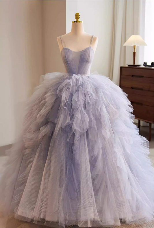 Voluminous A-Line Spaghetti Strap Evening Gowns Ruffled Tulle Prom Dress AP5769