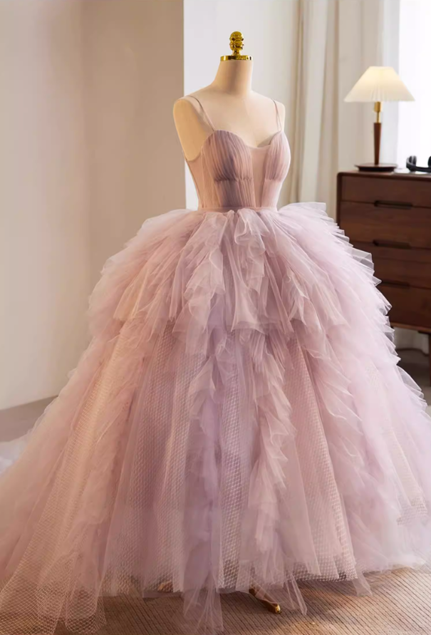 Vintage A-Line Spaghetti Strap Evening Gowns Ruffled Tulle Prom Dress AP5770