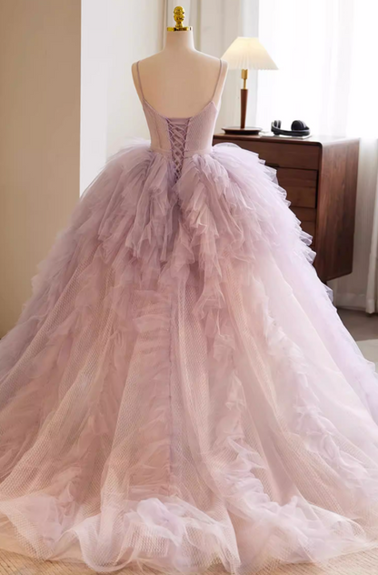 Vintage A-Line Spaghetti Strap Evening Gowns Ruffled Tulle Prom Dress AP5770