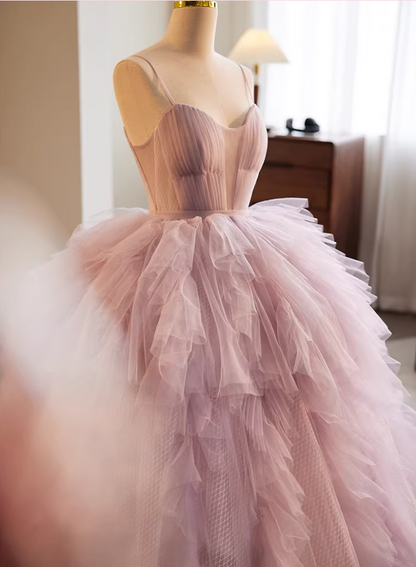 Vintage A-Line Spaghetti Strap Evening Gowns Ruffled Tulle Prom Dress AP5770