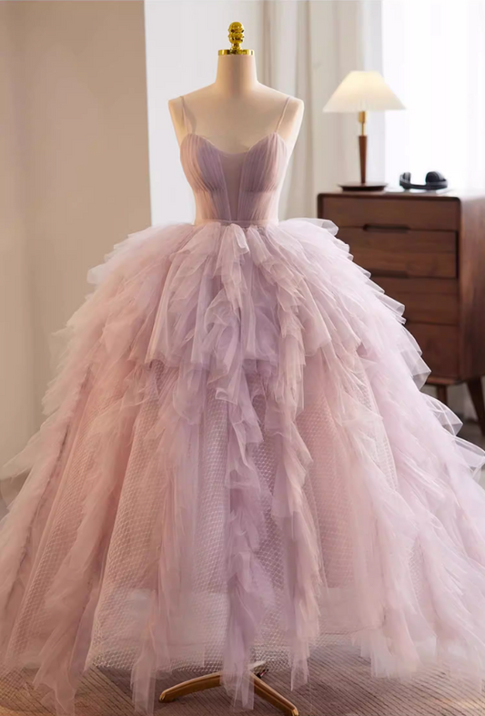 Vintage A-Line Spaghetti Strap Evening Gowns Ruffled Tulle Prom Dress AP5770