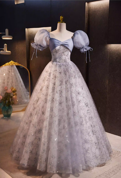 Artistic Sweetheart Neck A-Line Sequins Sweet 16th Gowns Puff Short Sleeve Floral Prom Dress AP5771