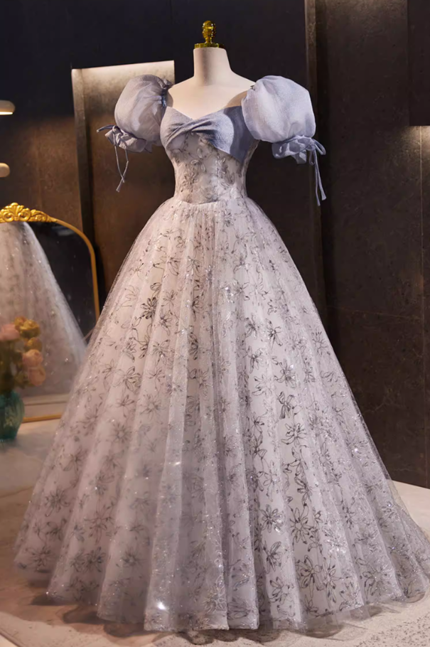 Artistic Sweetheart Neck A-Line Sequins Sweet 16th Gowns Puff Short Sleeve Floral Prom Dress AP5771