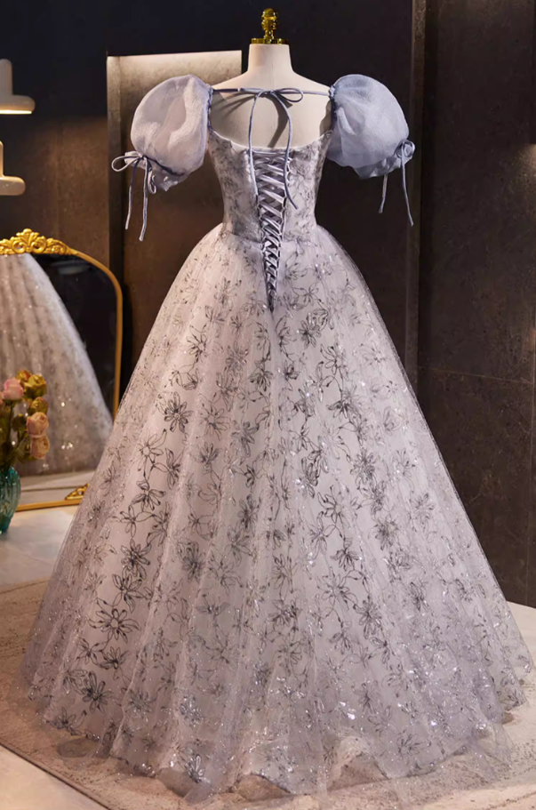 Artistic Sweetheart Neck A-Line Sequins Sweet 16th Gowns Puff Short Sleeve Floral Prom Dress AP5771